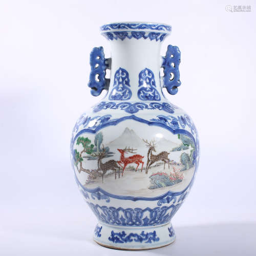 Qing Dynasty Guangxu pastel deer pattern double ear bottle