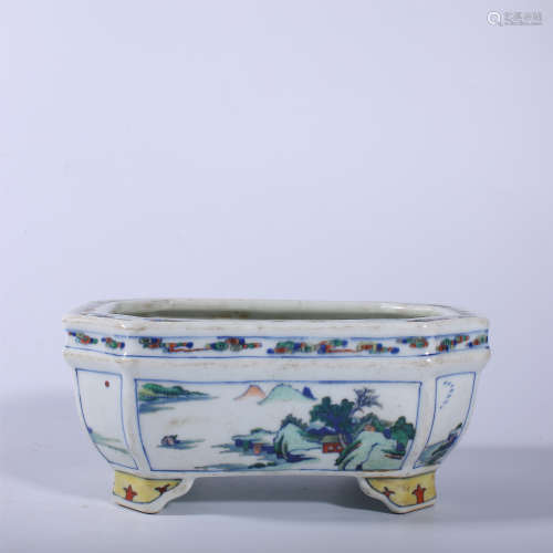 Qing Dynasty Kangxi pastel flowerpot with landscape pattern