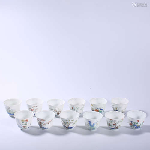 A set of Qing Dynasty Kangxi famille rose flower god cup