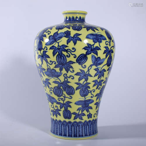 Qing Dynasty Qianlong yellow bottom blue and white plum vase...