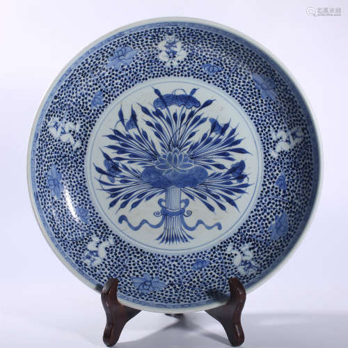 Blue and white lotus pattern plate in Qing Dynasty