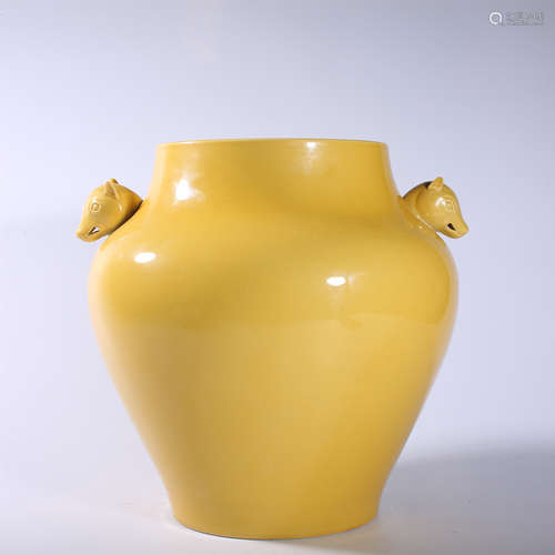 The yellow glazed dog head jar of Kangxi in Qing Dynasty