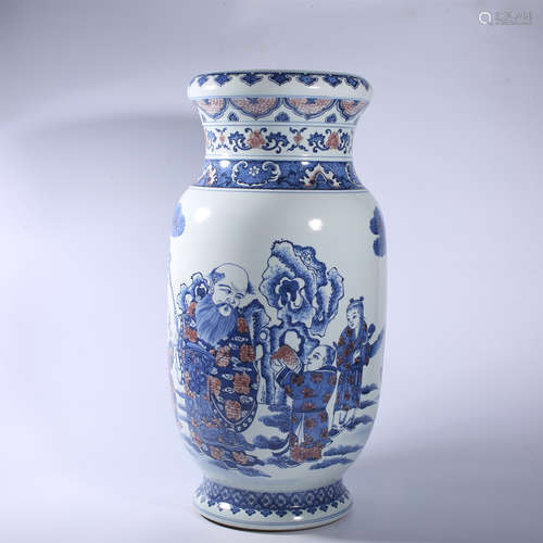 Qing Dynasty blue and white underglaze red figure story bott...