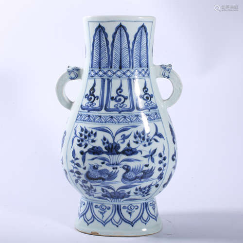 Blue and white lotus pond double ear vase with mandarin duck...