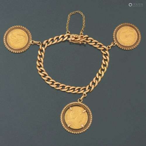 Bracelet en or jaune 18kt avec 3 pièces de monnaie en penden...