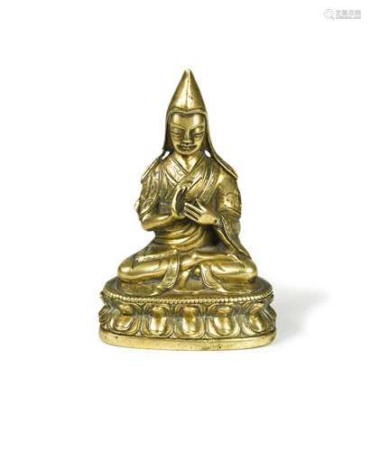 A Tibetan gilt brass figure of Tsongkhapa, 18th/19th century...