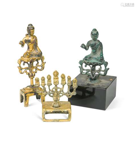 Three Chinese small bronze and gilt bronze Buddhist figures,...