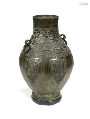 A Chinese bronze archaic style vase, Hu, Qing Dynasty, proba...