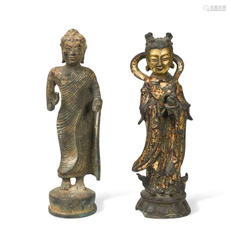 A standing bronze Buddha,