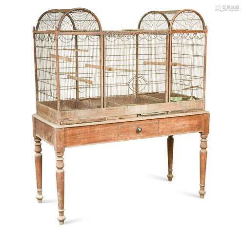 A large Victorian wire work and mahogany frame bird cage,