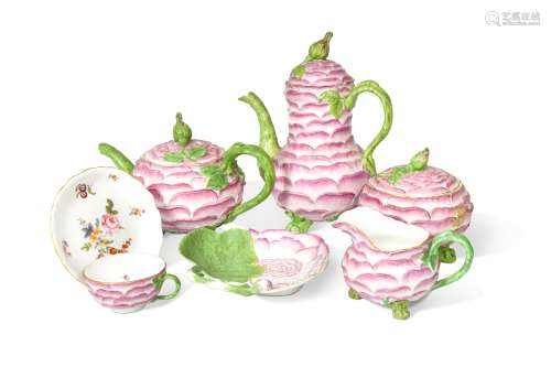 A Meissen rose petal moulded part tea and coffee service,