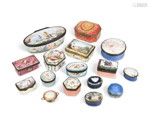 A collection of sixteen English and French enamel snuff boxe...