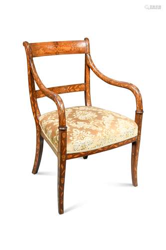 A Dutch marquetry open arm chair, circa 1840,