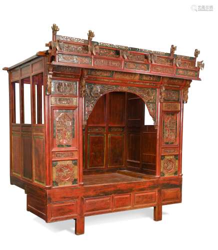 A Chinese red lacquer and painted bed, early to mid 20th cen...
