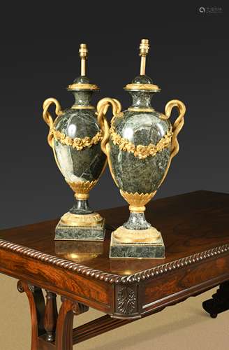 A pair of ormolu mounted marble baluster table lamps, 20th c...