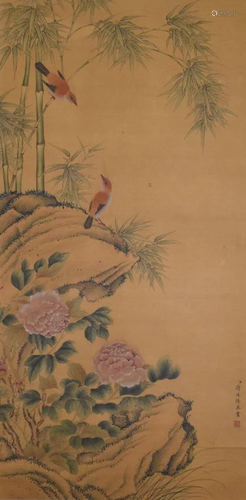 A Chinese Bird with Flower Silk Painting, Jiang Yanxi