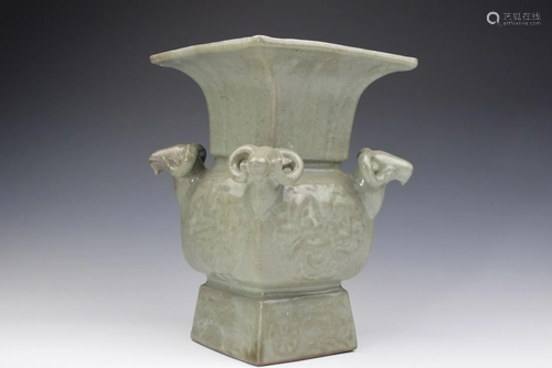 A Grey Glazed Four Ram Head Square Shape Porcelain