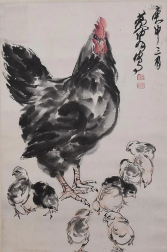 A Chinese Group of Chicken Painting, Huang Zhou Mark