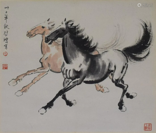 A Chinese Double Horse Painting, Xu Beihong Mark