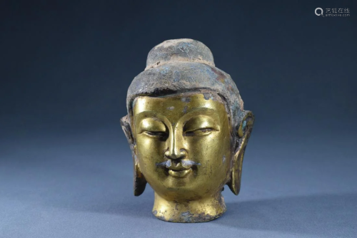 A Gilt Bronze Buddha Head Figure Statue