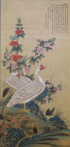 A Chinese Goose Silk Painting, Jin Cheng Mark