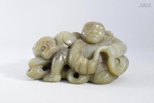 A Jade Man with Lion Figure Statue