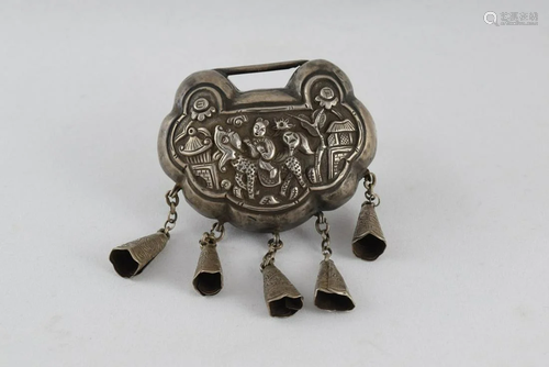 A Chinese Silver Carved Kylin with Child Ruyi Shape