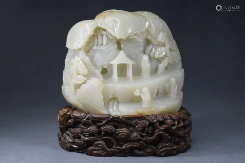 A White Jade Carved Character Mountain View Figure