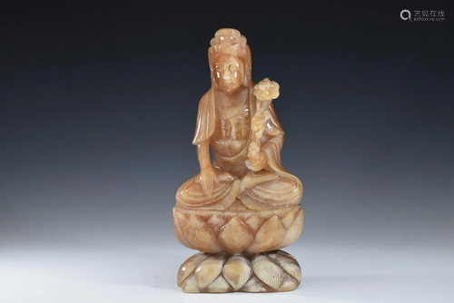 A Brown Color Soft Stone Carved Guanyin Figure Statue