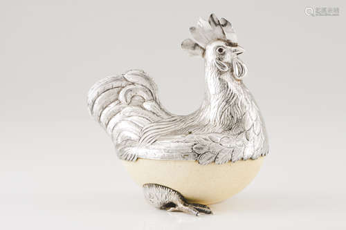 A Luiz Ferreira cockerelSilver and ostrich egg Moulded, scal...