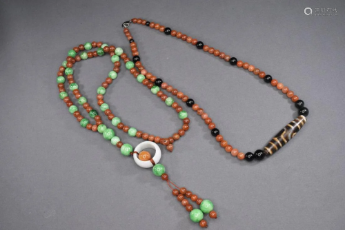 A Group of Jadeite Necklace and Dzi Bead Necklace