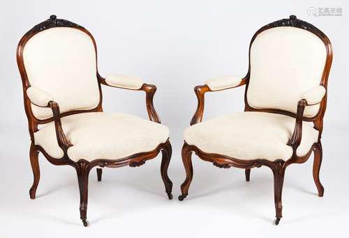 A pair of fauteuilsRosewood Carved decoration Upholstered ba...