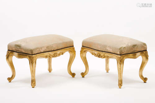 A pair of Louis XV style stoolsGilt and carved wood Silk dam...