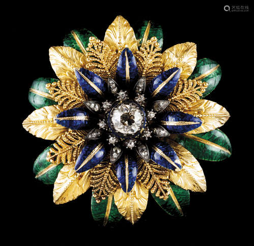 A large broochGold Flower made of 4 layers of blue and green...