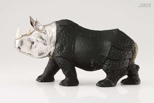 A Luiz Ferreira rhinocerosSilver, calcite and ivory Sculptur...