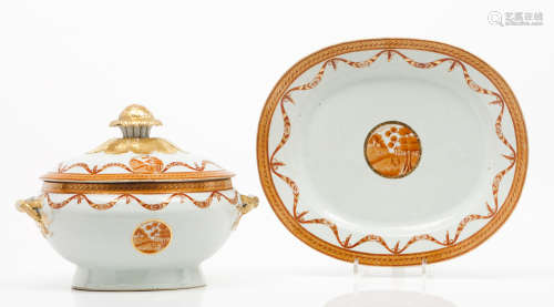 A tureen with cover and trayChinese export porcelain Grisail...