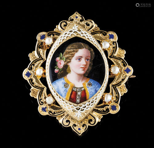 A broochGold, 19th century Painted and enamelled girl's port...