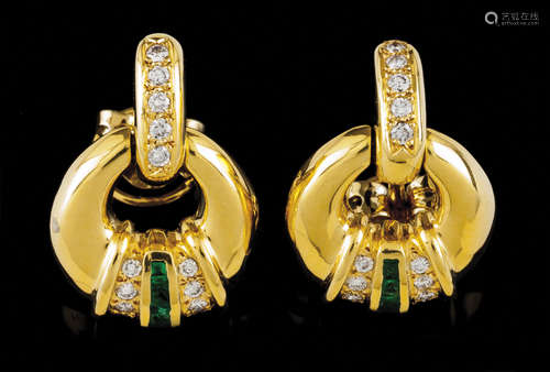 A pair of earringsPortuguese gold Drop loop set with trapeze...