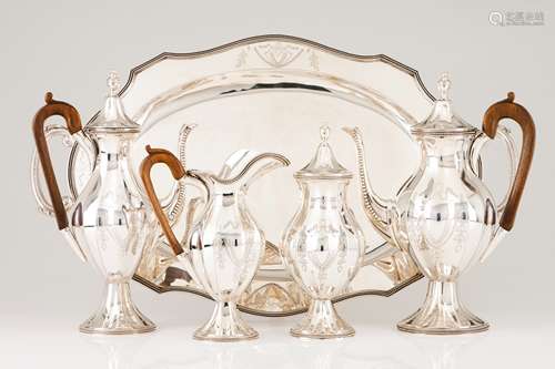 A tea and coffee set with trayPortuguese silver D.Maria styl...