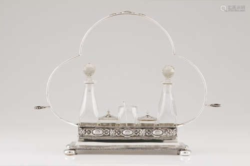 An Art Nouveau cruet setPortuguese silver and cut glass Rect...