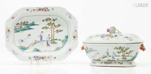 A tureen with cover and trayChinese export porcelain Polychr...