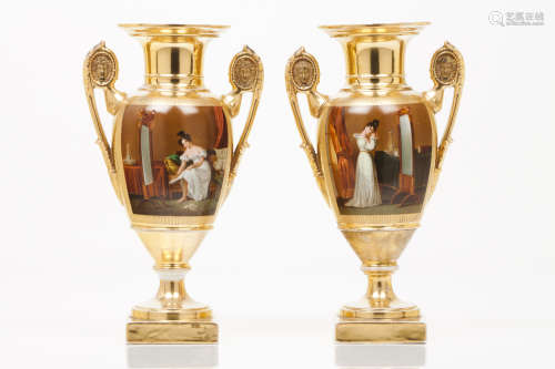 A pair of Empire vasesFrench porcelain Gilt and painted deco...