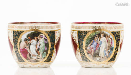 A pair of cachepotsEuropean porcelain Polychrome and gilt de...