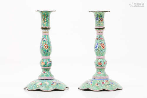 A pair of candle standsPolychrome enamel and metal Canton pr...