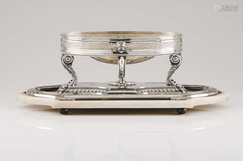 A Belle Époque plateau with presentoirGerman silver Oval bow...