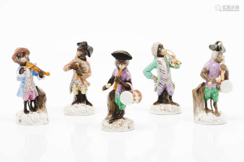 A set of five musician monkeysEuropean porcelain Polychrome ...