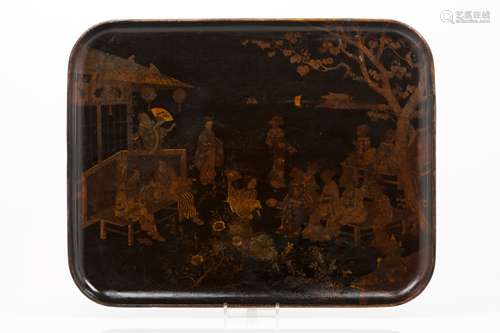 A trayBlack lacquered and gilt wood depicting Chinese daily ...