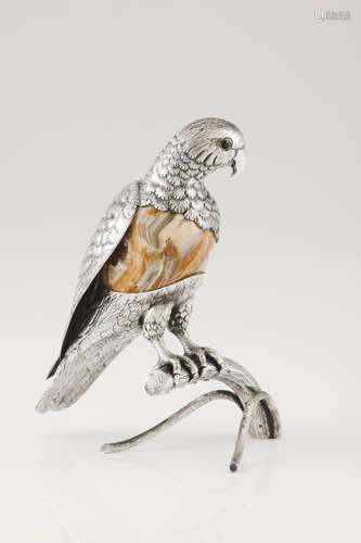 A parrot on a tree trunkPortuguese silver and hardstone Moul...