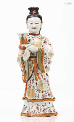 A Guanyin candle standChinese export porcelain Polychrome an...