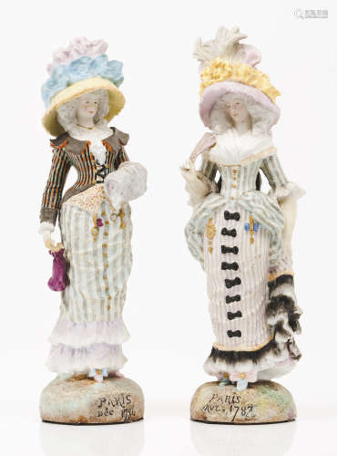 Female figuresTwo polychrome biscuit porcelain sculptures Fr...